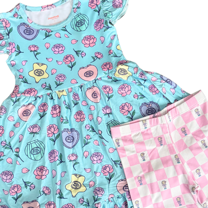 Polly Peony Bamboo Short Sleeve Ruffle Twirl Dress and Shorts