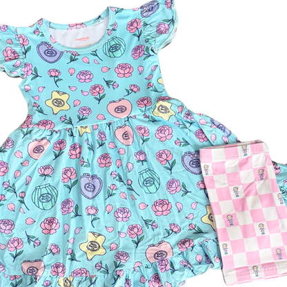 Polly Peony Bamboo Short Sleeve Ruffle Twirl Dress and Shorts