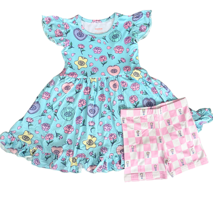 Polly Peony Bamboo Short Sleeve Ruffle Twirl Dress and Shorts