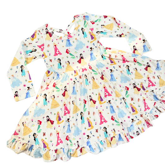 PREORDER - Royal Tea Party Bamboo Long Sleeve Ruffle Twirl Dress